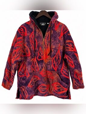 Skye Batiks Handmade Batik Hooded Quarter Zip Pullover Purple Red Leaf Fleece L